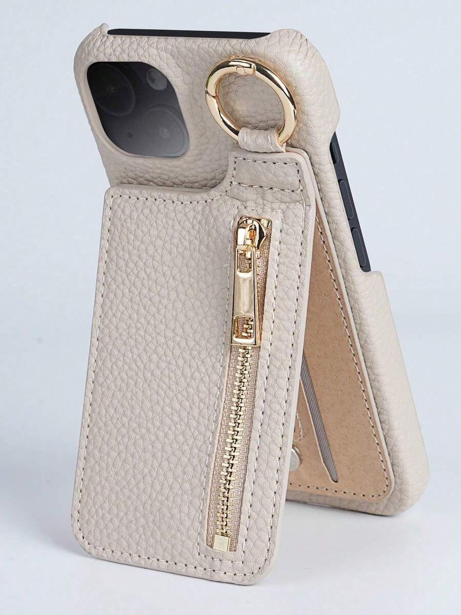 Funda de teléfono tipo cartera con cierre magnético y ranuras para tarjetas, de aleación y cuero con grano de lichi, unicolor, 1 pieza, con bolsillo con cremallera, compatible con 17 Pro/17 Pro/17/17e//16 Pro/16/15/14/13/12/11, serie A16, regalo de cumpleaños de primavera, para oficina profesional de negocios - Beis - Ver 1
