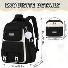 2pcs Colorblock Design Large Capacity Backpack Set With Pom Pom Pendant, Matching Handbag, Essential For Middle And High School Campus Travel - Sets - View 3