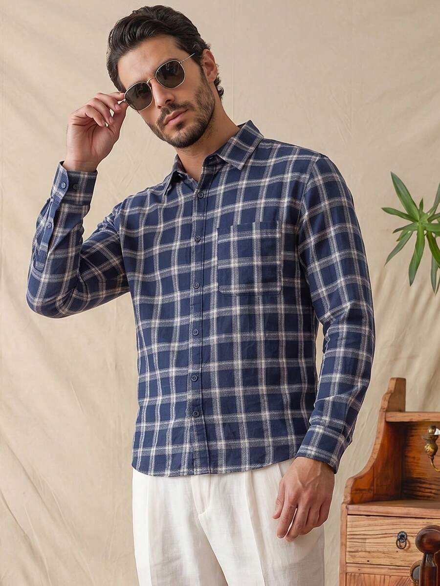 glestore Men's Retro-Style Casual Printed Long-Sleeve Button-Down Shirt-Suitable For All Seasons, Casual And Versatile - Royal Blue - View 1