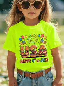 Girls' Short-Sleeved T-Shirt From The 'American Independence Day' Collection With Cartoon Prints Such As 'HAPPY 4TH OF JULY', Hamburger, United States, American Flag - 白色 - 查看 10