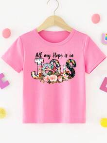 Girls' Round Neck T-Shirt With Letter And Flower Print "All My Hope Is In Jesus", Sweet And Versatile. - Army Green - View 2