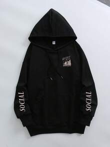 Skull ANTL Print Hooded Sweatshirt, Plus Size Women's Casual Autumn/Winter Long Sleeve Pocket Sweatshirt Black - Black - View 3