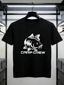 Boys' Short-Sleeved T-Shirt With A Unique "Carp Silhouette" Print, Suitable For Casual Outdoor Wear, American Retro Style, And Workwear. A Summer T-Shirt. - 黑色 - 查看 1