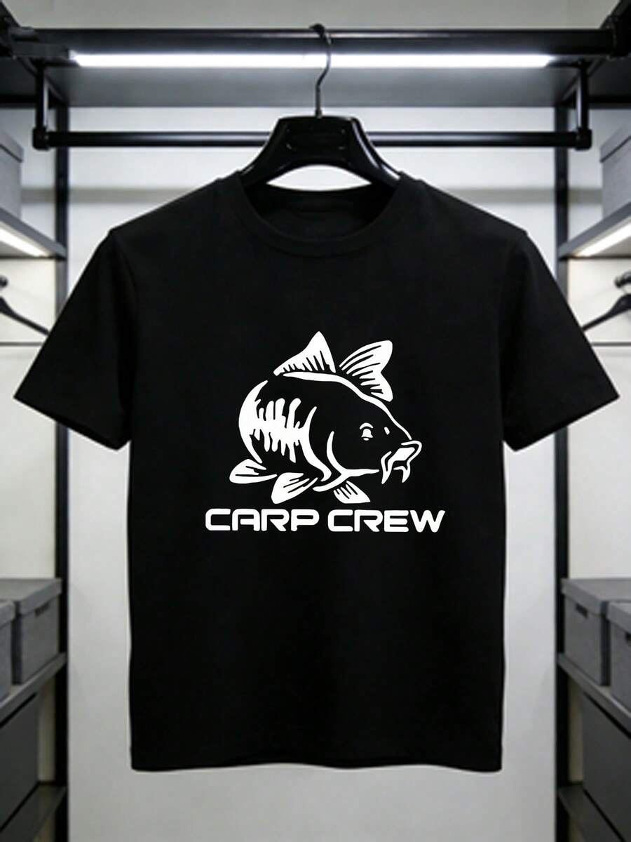 Boys' Short-Sleeved T-Shirt With A Unique "Carp Silhouette" Print, Suitable For Casual Outdoor Wear, American Retro Style, And Workwear. A Summer T-Shirt. - 黑色 - 查看 1