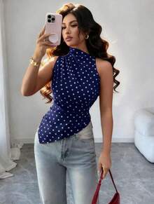 Sleeveless Blouse With High Neck And Polka Dots For Women, Gathered Waist, Irregular Asymmetric Hem, Ideal For The Office, Everyday Wear, Casual Occasions And Urban Outfits. - 藏蓝色 - 查看 2