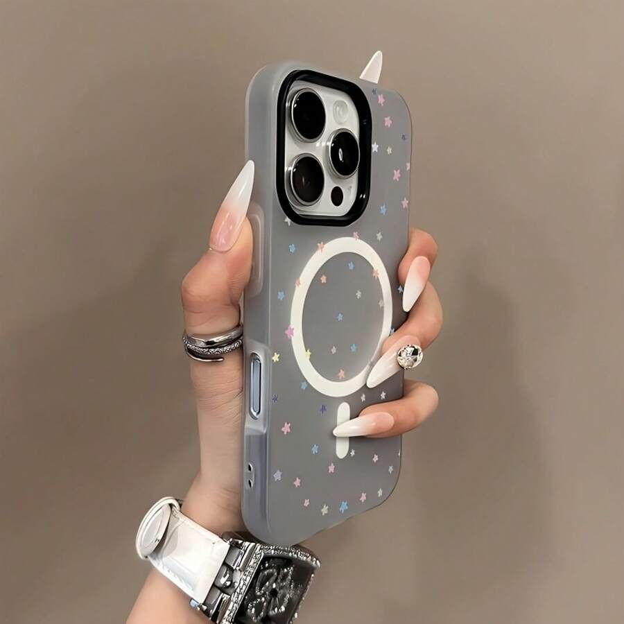 Funda para teléfono - Pantalla completa, colorida, con pequeñas estrellas, estilo minimalista, color macaron, tacto de gelatina, funda 2 en 1 con carga inalámbrica magnética, funda para teléfono con orificio grande en colores dulces estilo dopamina, adecuada para 17, incluyendo 17 Pro Max. - Negro - Ver 1