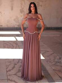Women's Strapless Backless Rhinestone Evening Gown, Sparkling Trim Decoration Wedding Party Fall - Dusty Pink - View 1