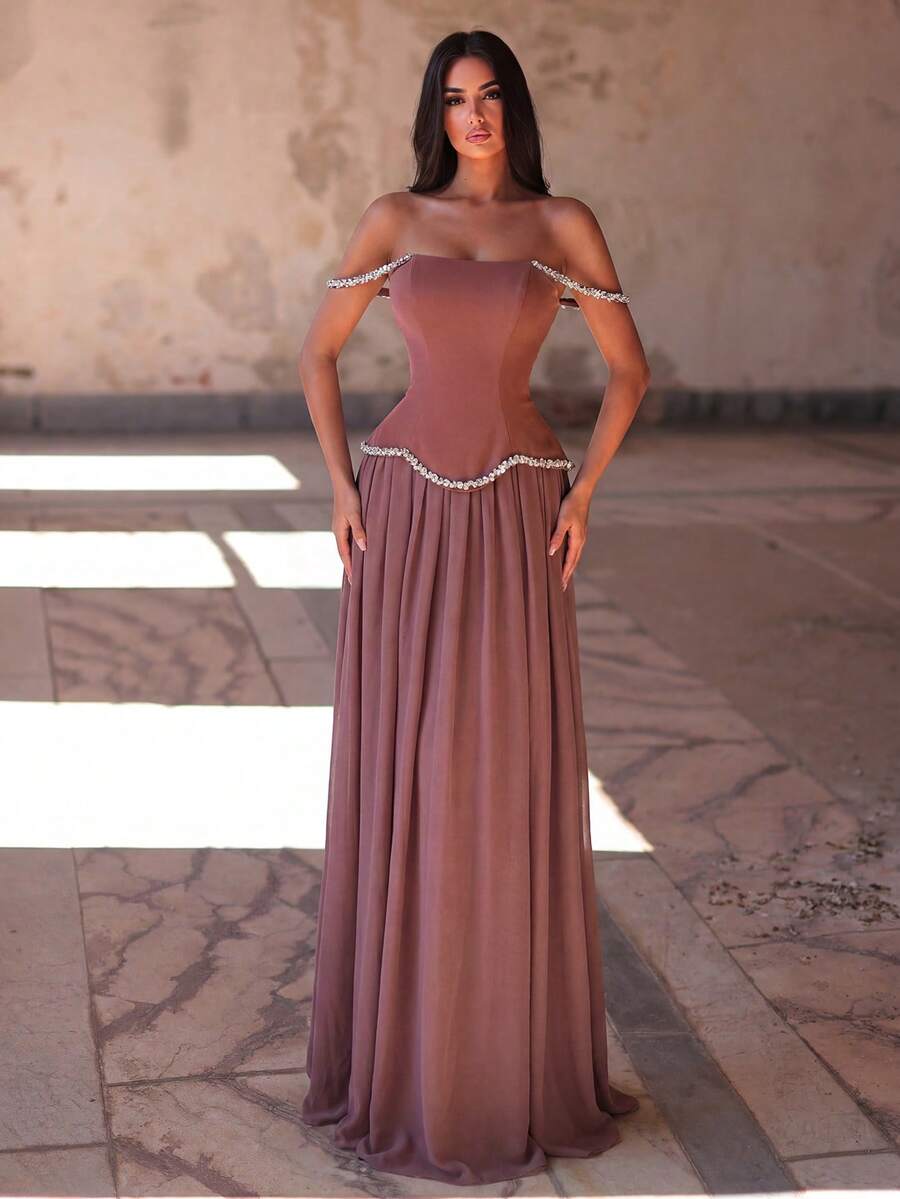 Women's Strapless Backless Rhinestone Evening Gown, Sparkling Trim Decoration Wedding Party Fall - Dusty Pink - View 1