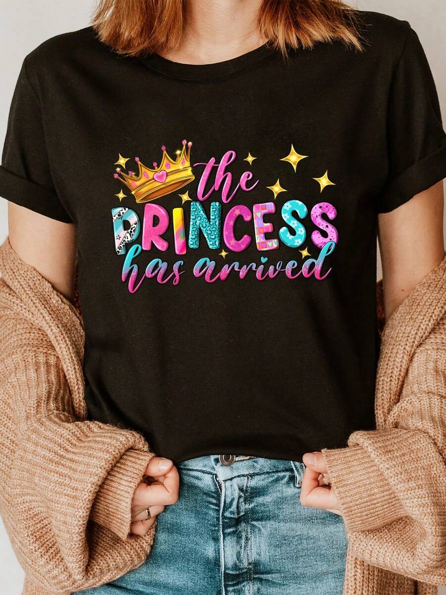 Camiseta personalizada con estampado de princesa y cuello redondo, camiseta casual de manga corta, adecuada para primavera y verano, ropa de mujer - Camiseta unisex de algodón suelto de mang - Negro - Ver 1