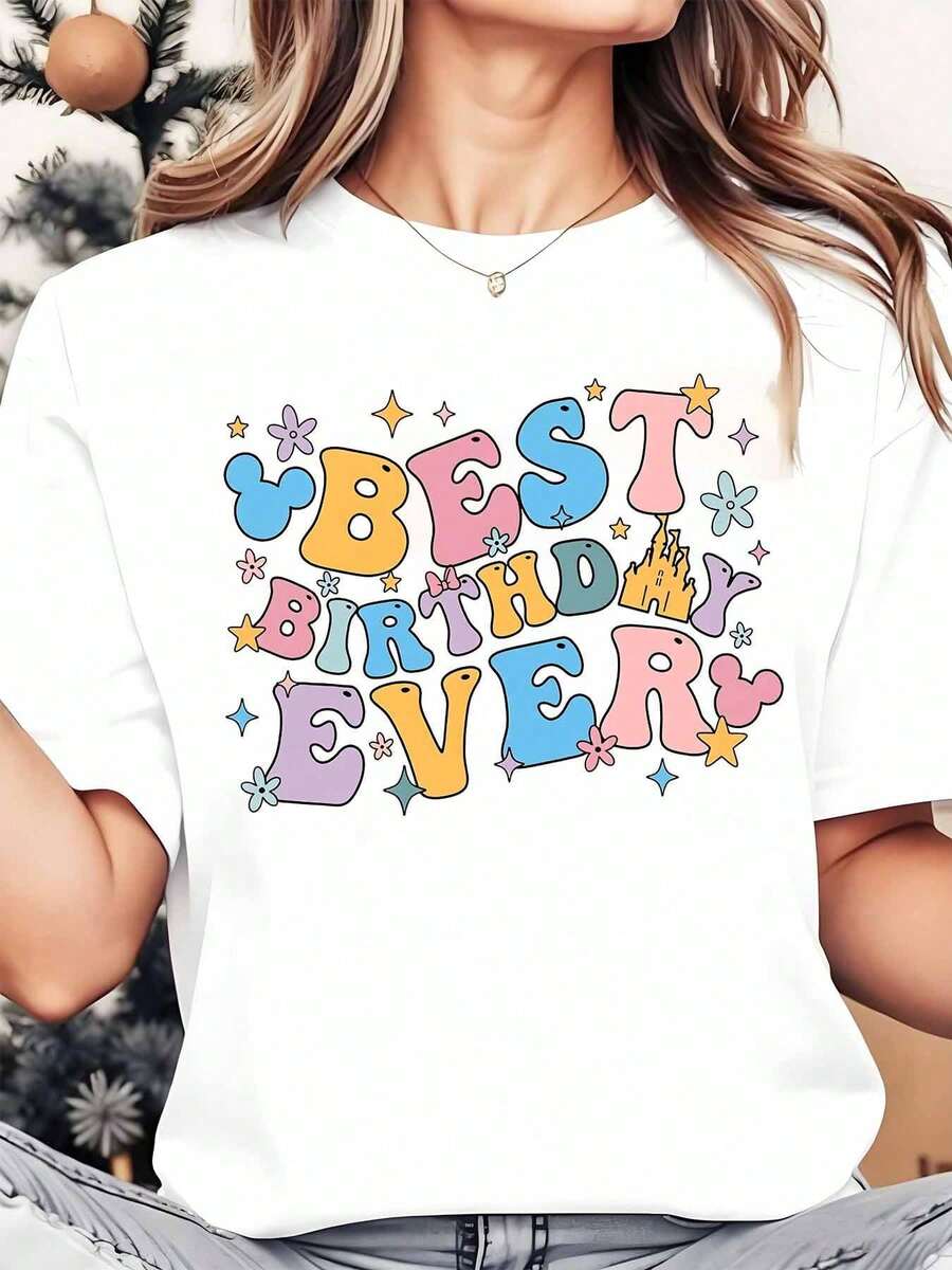 Camiseta de Cuello Redondo para Mujer "El Mejor Cumpleaños de Mi Vida", Tops de Verano, Camiseta Cómoda con Cuello Redondo, Ropa Casual de Moda para Mujer - Blanco - Ver 1