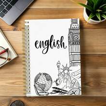 DANPERJI 1PC A5 Spiral Paper Notebook, Minimalist Line Art Big Ben Statue Liberty Globe Print English Subject Journal, White Clean Language Learning Diary, Back To School Supplies, Language Study Gift For English Learners - Multicolor - View 3
