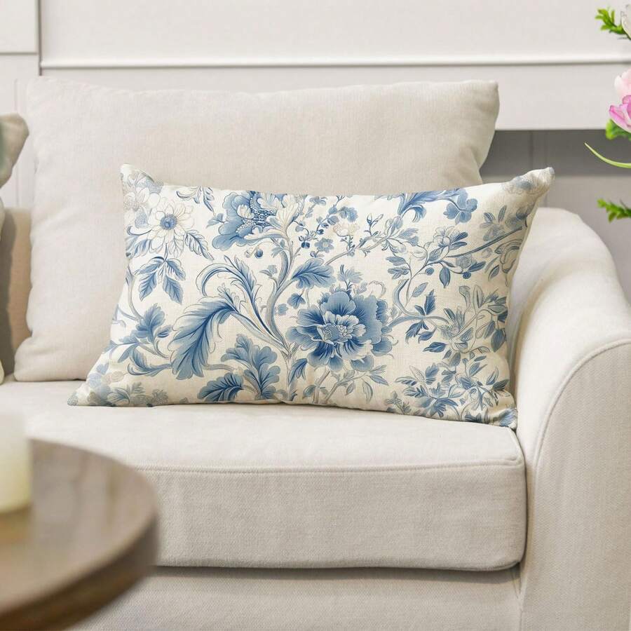 1 pièce Housse de coussin style floral bleu vintage - Housse de coussin décorative carrée, convient pour la décoration de maison rustique bohème, canapé, bureau , Tons neutres, design d'impression unilatérale, insert de coussin non inclus - oreiller lombaire bleu - Voir 1
