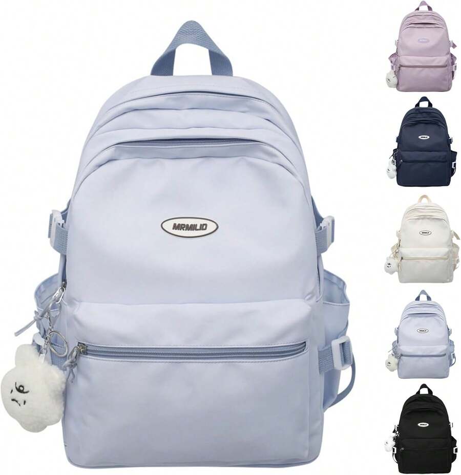 Cute Backpack With Charming Accessories, Casual And Stylish Everyday Bag, Simple Laptop Bag, Waterproof Travel Backpack, Suitable For Women (Blue) - Black - View 1