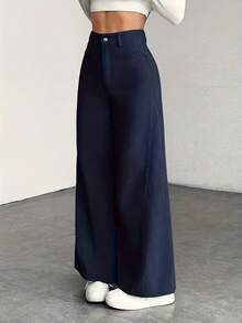 Women's High Waist Wide Leg Trousers - Corduroy Texture, Casual Pants, Comfortable For All Seasons, Machine Washable - 藍色 - 查看 4