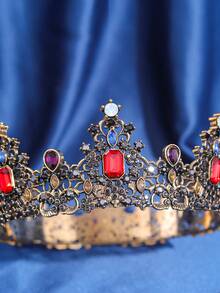 Luxury Colorful Crystal Baroque Tiara, Royal Queen Crown Wedding Hair Accessory - Red - View 4