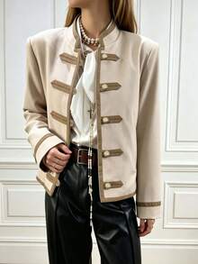 休閒優雅通勤女款鈕扣長袖對比色拼接織紋斜紋布夾克，附口袋與內裡，適合機場、日常辦公、校園、度假等多種場合，百搭 - 杏色 - 查看 6