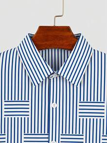 Kemeja Lengan Panjang Pria Motif Garis-Garis Geometris, Gaya Kasual Bisnis, Desain Fashion yang Dipersonalisasi, Potongan Ramping, Kain Tipis 100% Poliester, Atasan Kardigan Serbaguna untuk Perjalanan Sehari-hari - Baby Blue - View 4
