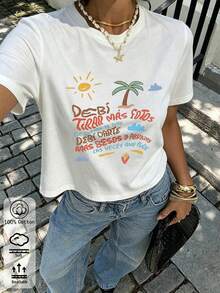夏季新款圓領 DTMF 圖案修身落肩 T-shirt，度假旅行海灘穿搭 - 白色4 - 查看 4