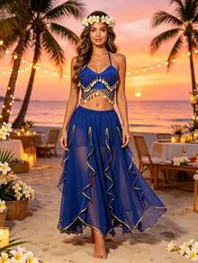 Belly Dance Sequin Coin Mesh Halter Crop Top, Gold Trim Flowy Chiffon Maxi Skirt For Beach Vacation & Stage Performance - Multicolor - View 18