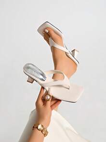 女款白色方頭粗跟小貓跟高跟涼鞋，戶外時尚舒適透氣一腳蹬夾腳拖鞋，夏季鞋 - 白色 - 查看 2