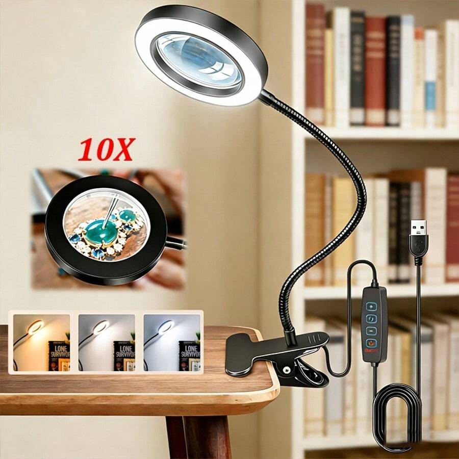 1 عبوة مصباح مكتب LED مكبر يعمل بالطاقة عبر USB، ذراع معدنية مرنة قابلة للتحريك، إضاءة متعددة الألوان قابلة للتعتيم للعناية بالعين، عدسة بصرية واضحة لإضاءة المهام الحرفية للقراءة وفن الأظافر والخياطة وطاولة العمل الحرفية
