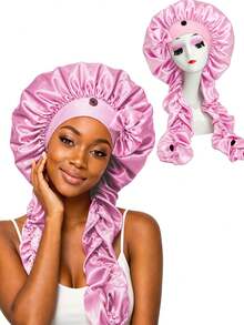 CONFLASS Cute Bow Decor Large Silk Night Cap, With Pleated Long Shoulder Strap, Women's Hair Protection Cap, Adjustable Button Satin Hair Cap, Long Drawstring Anti-Frizz Sleep Cap, Suitable For Braided Hair, Luxurious High-End Silky Satin Night Hair Cap - Multicolor - View 14