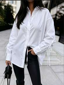 Elegant White Satin Oversized Shirt With Ruched Drawstring Lantern Sleeves - White - View 1