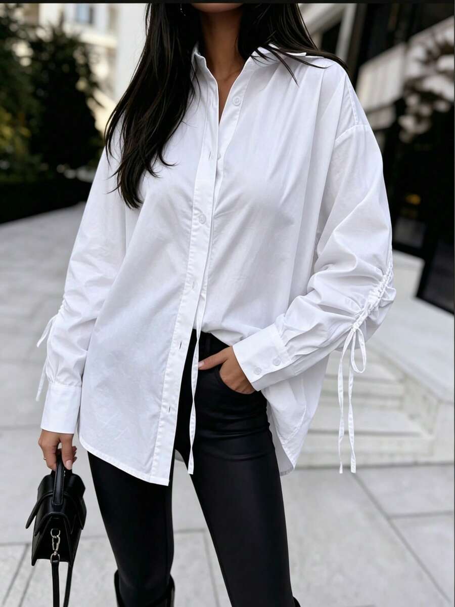 Elegant White Satin Oversized Shirt With Ruched Drawstring Lantern Sleeves - White - View 1