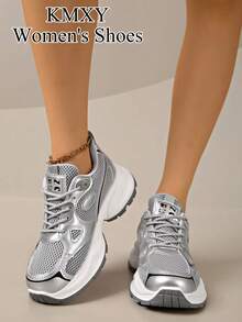 KMXY Women's All-Season New Sports Thick-Soled Sneakers, Mesh Breathable Thick-Soled Low-Top Wedge Casual Shoes, Lightweight Versatile Fashion Lace-Up White Sports Shoes - Silver - View 7