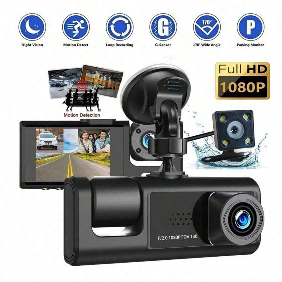 1 pièce Caméra de tableau de bord Full HD 1080P à double canal, enregistrement double avant et arrière, caméra de voiture DVR avec enregistrement en boucle, écran 2 pouces, capacité de batterie 150 mAh, carte SD non incluse