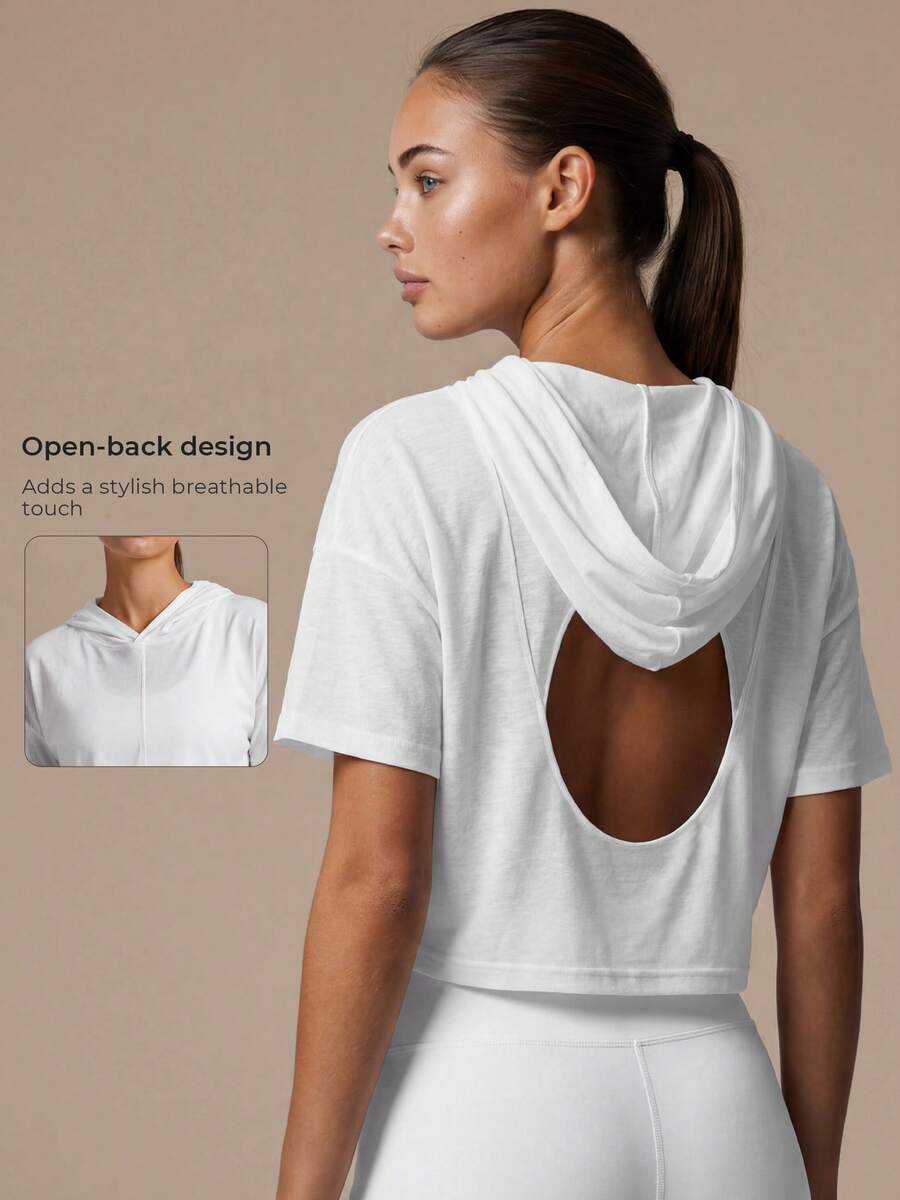 Women's Lightweight Short Sleeve Hooded Backless Batwing Short Sports Top, Yoga Fitness Running Workout T-Shirt