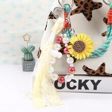 1pc Back To School Daisy Flower Bag Charm, Beaded Chain Lace Ribbon Heart Hook Keychain, Student Backpack Decoration - Multicolor - View 6