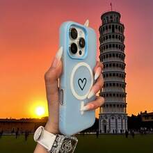 Phone Case - A Minimalist Heart Design, A Two-In-One Magnetic Wireless Charging Phone Case With A Jelly-Like Feel In Pastel Colors, Suitable For Halloween, New Year, Christmas, And Easter Gifts, Perfect For Family And Friends - 藍色 - 查看 1