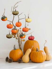 8pcs Artificial Mini Pumpkin Set With Autumn Leaves, Fall Harvest Home Decor Pumpkin Set, Suitable For Home, Wedding, Autumn Tabletop Arrangement, Halloween, Thanksgiving - A - View 8