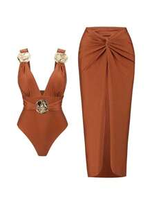 Traje de baño de una pieza con estampado de lunares elegante para mujer + falda larga con decoración circular dorada, conjunto sexy para playa - Burdeos - Ver 5