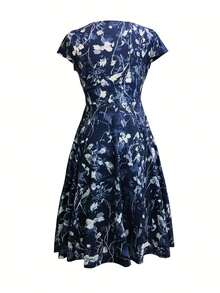 Midi Dress With Pocket And V-Neck, Elegant Floral Print For Spring, Summer And Autumn - Blue - View 2
