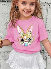 Girls' Short-Sleeved T-Shirt, Spring-Summer Style, With Easter Cartoon Print: Bow, Rabbit, Heart, Colorful Glasses And Bubbles, Versatile Casual Top NY-DX5438 - 酒紅色 - 查看 1
