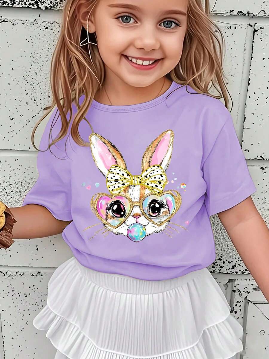 Girls' Short-Sleeved T-Shirt, Spring-Summer Style, With Easter Cartoon Print: Bow, Rabbit, Heart, Colorful Glasses And Bubbles, Versatile Casual Top NY-DX5438 - 紫色 - 查看 1