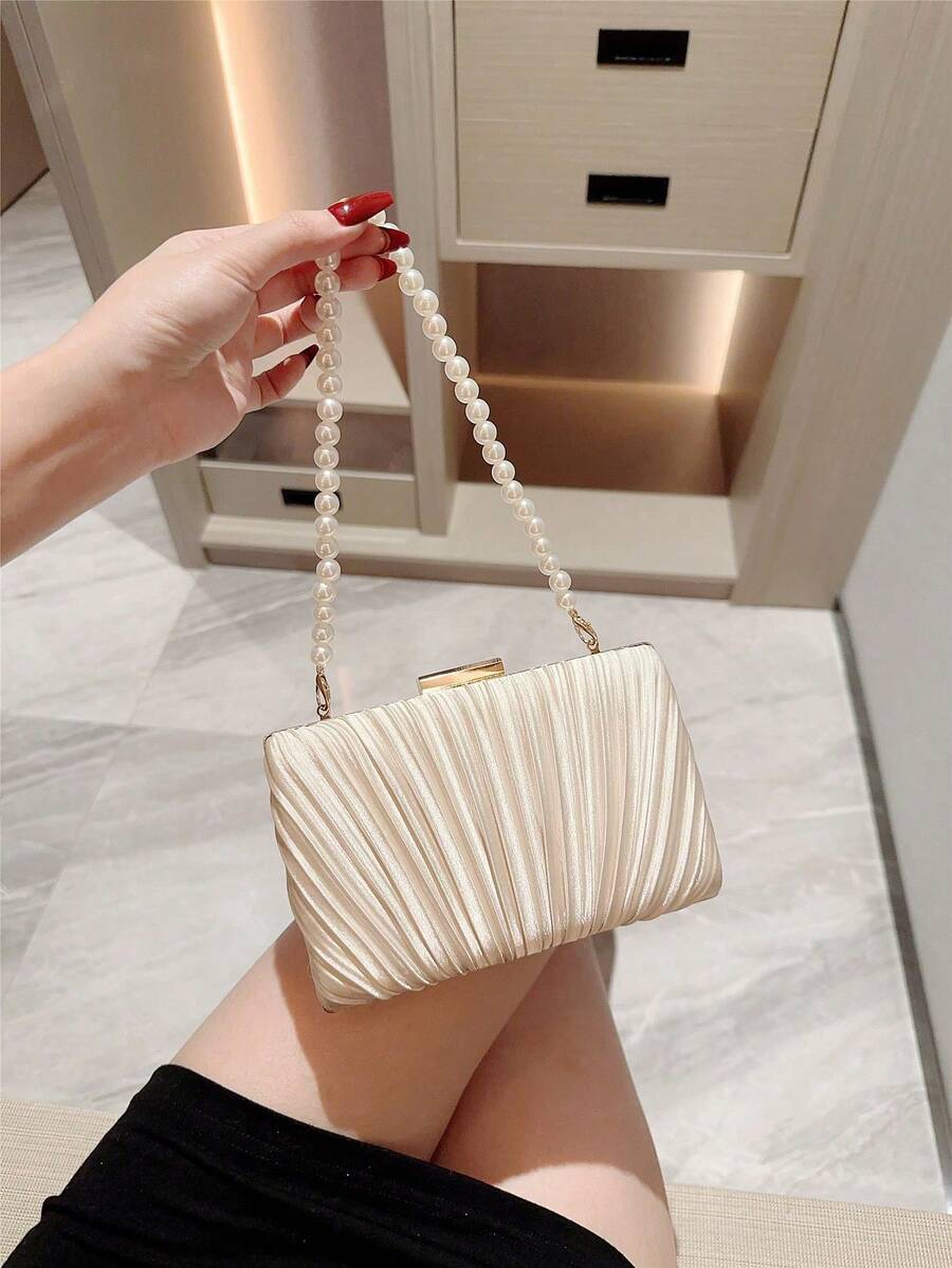 1 pieza Bolso de mano de noche elegante con diseño de caja plisada y decoración de perlas falsas, bolso de novia romántico para formal, bolso de formal con cadena, forma cuadra - Beis - Ver 1