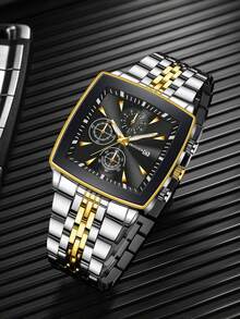 Reloj de pulsera clásico de moda para hombre con esfera cuadrada de tres ojos y calendario, elegante reloj de cuarzo (1 pieza/set), caja de reloj no incluida - Negro - Ver 6