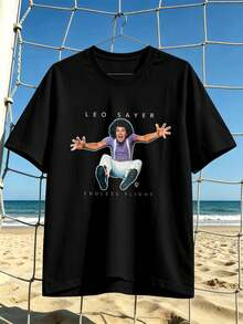 Camiseta negra de hombre con estampado vintage, ideal para la playa y el otoño, confeccionada en algodón suave. Diseño gráfico, informal y transpirable. - Negro - Ver 1
