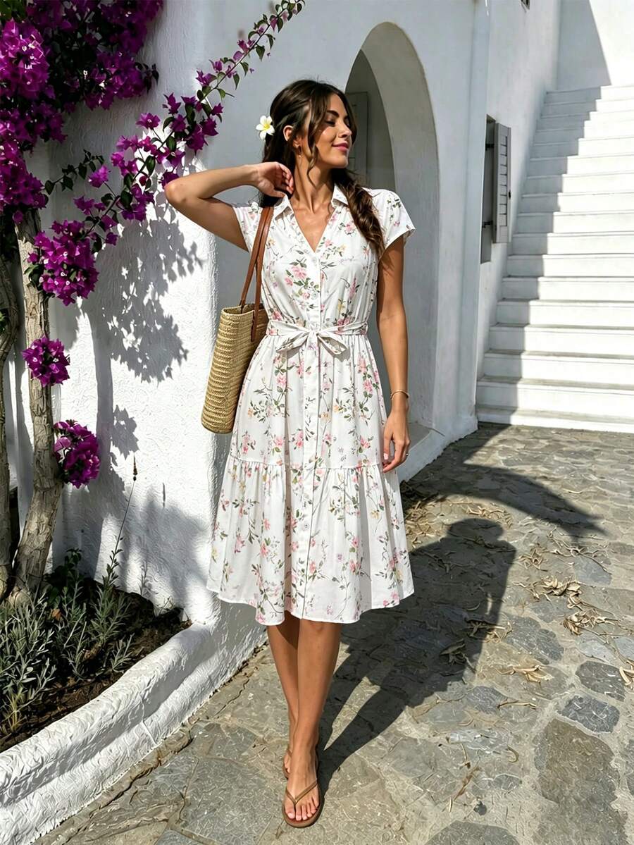 Summer Fashion Ditsy Floral All-Over Small Flower Bohemian Vacation Cap Sleeve Design Shirt Collar Women's Summer Dress (Includes Belt) Elegant - Multicolor - View 1