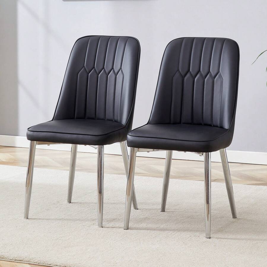 2 Piece Set Modern White Dining Chairs With White PU Leather Backrest And Black Metal Legs, - Black - View 1