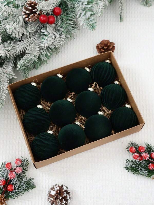 12pcs Velvet Christmas Tree Ornaments, Merry Christmas Decorations, Dark Green Christmas Ball Decor, Christmas Decorations, Green Christmas Ball, Christmas Hanging Decor, Home Decor, Christmas Decorations, Christmas Decorations, Christmas Gifts, Indoor & Outdoor Decor