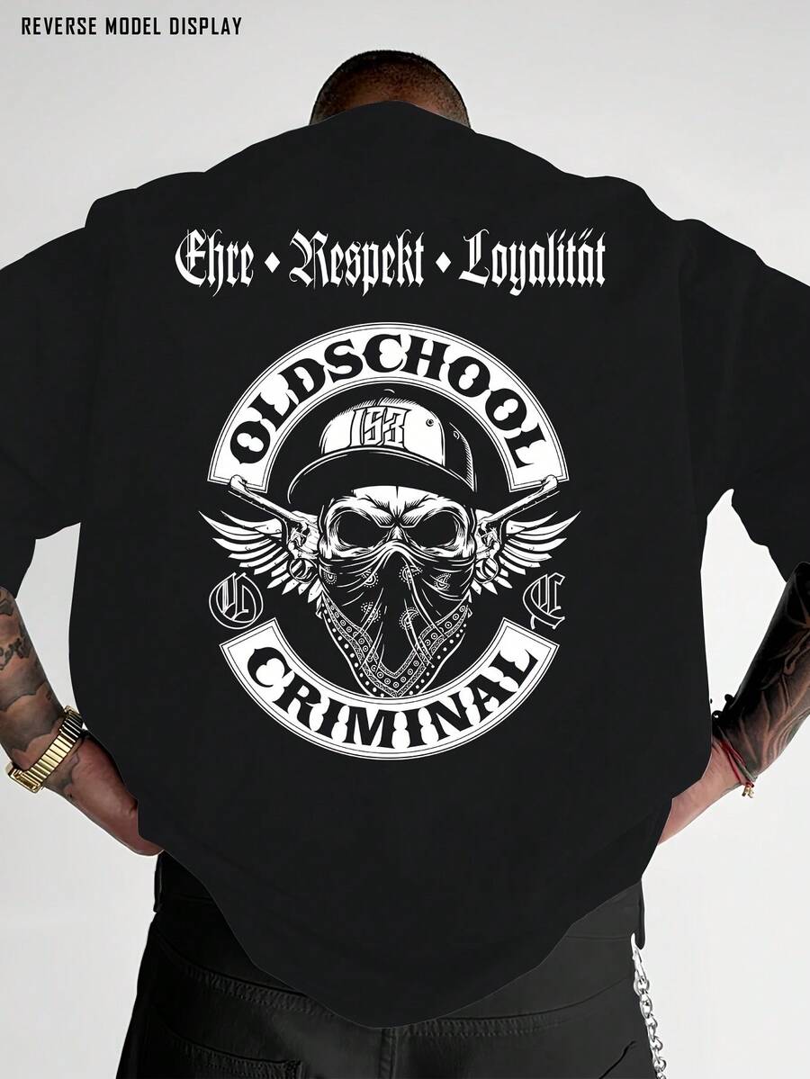 Camiseta de Hombre de Algodón 100% de Alto Gramaje - Estampado Vintage Verde Oscuro en la Espalda, Manga Corta, Corte Regular, Cuello Redondo, Estilo Urbano, Ideal para Uso Diario y como Prenda Básica. - Negro - Ver 1