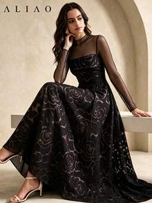 Glazenia Summer Elegant Jacquard Patchwork Tulle Long-Sleeve Dress, Retro Palace Style Long Gown For Weddings, Parties And Daily Wear Vacation Black - Black - View 2