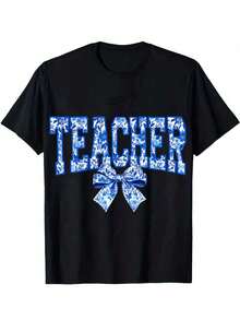 Boys' And Girls' T-Shirt With "Teacher" Text Print And Blue Floral Watercolor Bow, Casual Top For Everyday Wear And Back To School, Children's Clothing - 黑色 - 查看 3