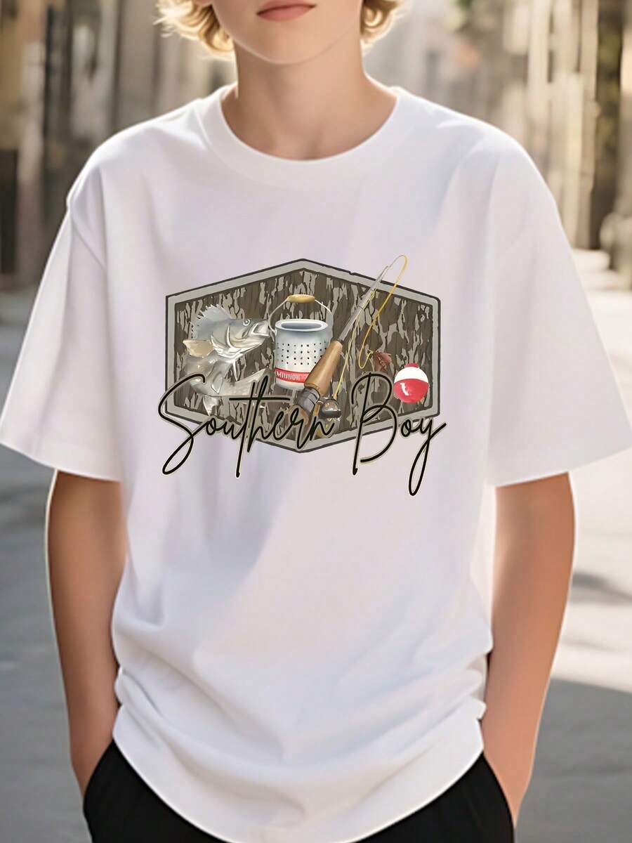 Camiseta creativa de manga corta para niños y adolescentes, con temática de pescador, lavable a máquina, hecha de tela ligeramente elástica, diseño de cuello redondo, elegante y versátil, ad - Blanco - Ver 1