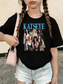 KATSEYE Printed Summer T-Shirts, Vintage Y2K Hip Hop Style, Short Sleeve T-Shirt, Summer Clothes For Girls, Toddler Girls' Clothes, Teen Clothes, Kids' Clothes - 摩卡棕 - 查看 1