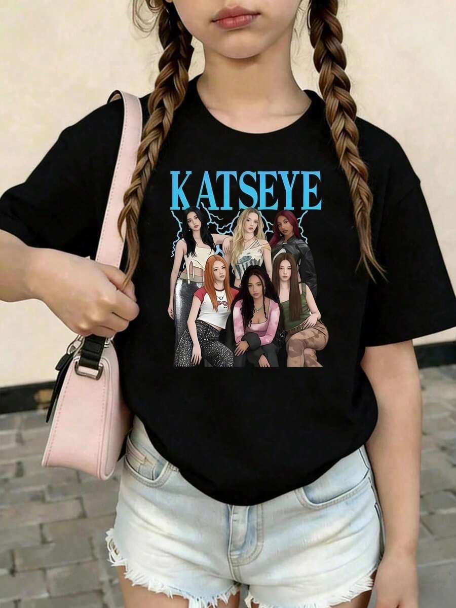 KATSEYE Printed Summer T-Shirts, Vintage Y2K Hip Hop Style, Short Sleeve T-Shirt, Summer Clothes For Girls, Toddler Girls' Clothes, Teen Clothes, Kids' Clothes - 摩卡棕 - 查看 1